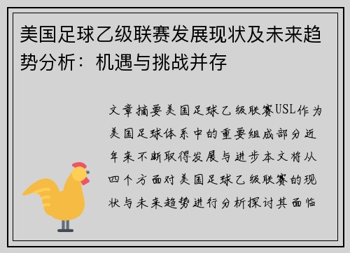 美国足球乙级联赛发展现状及未来趋势分析：机遇与挑战并存