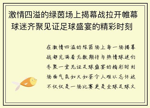 激情四溢的绿茵场上揭幕战拉开帷幕 球迷齐聚见证足球盛宴的精彩时刻