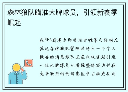 森林狼队瞄准大牌球员，引领新赛季崛起